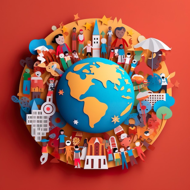 World Population day illustration flat design paper cut design of world globe and group of people