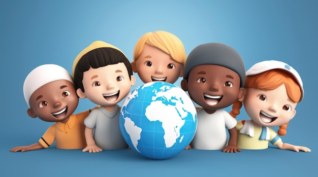 World Population Day Smiling children of different nationalities on the background of the globe