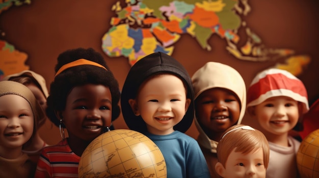 World Population Day Smiling children of different nationalities on the background of the globe