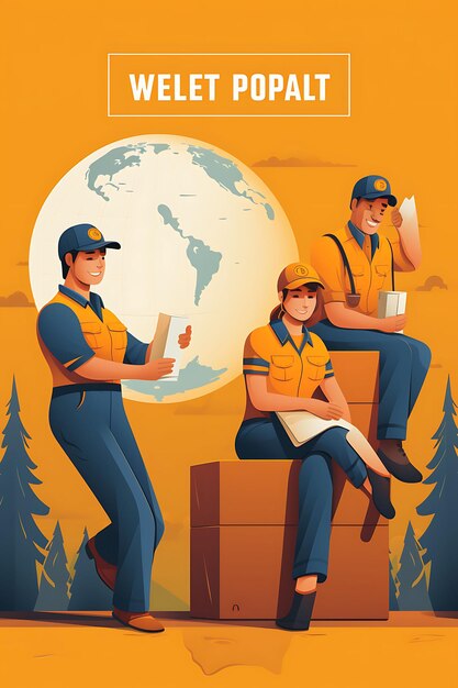 World post day mail delivery workers orange and yellow retro international day creative poster art