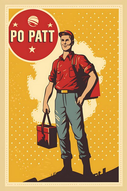 Photo world post day with postmen delivering mails red and yellow international day creative poster art