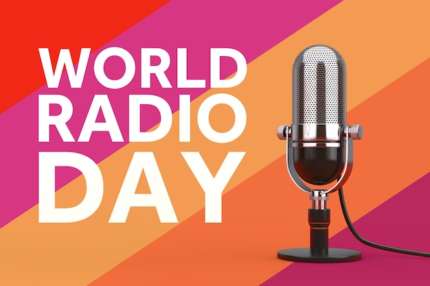 World radio day concept vintage radio station microphone with\
radio day sign on a multicolored background 3d rendering