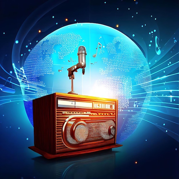 世界ラジオデーの祝賀画像 ラジオとグローブと一緒に祝います