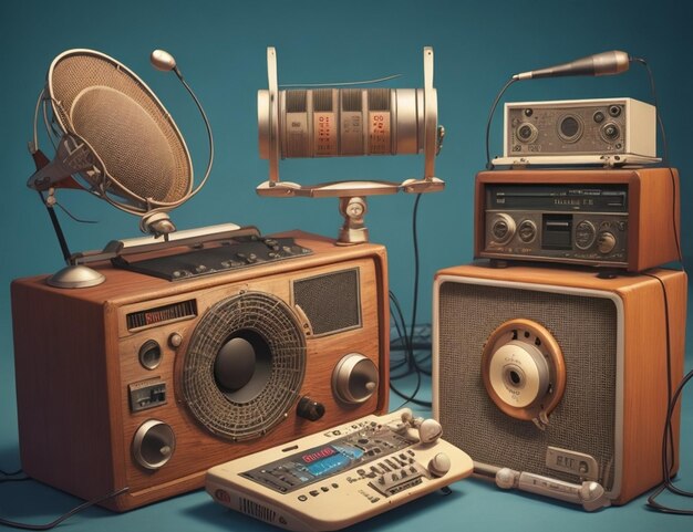 Foto sfondo retro della giornata mondiale della radio con radio e microfoni