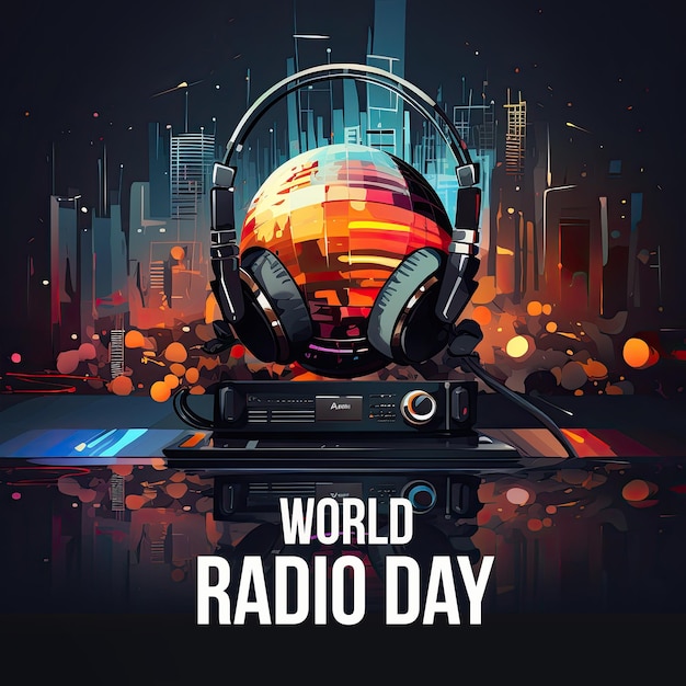 Photo world radio day with headphones and radio on black background