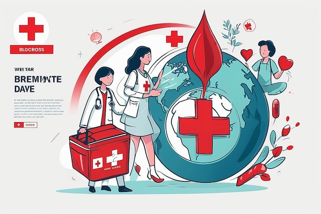 世界赤十字の日 - 5月8日 - 医療保健と手で血液を提供するためのイラスト - ウェブバナーやランディングページのテンプレートに描かれています