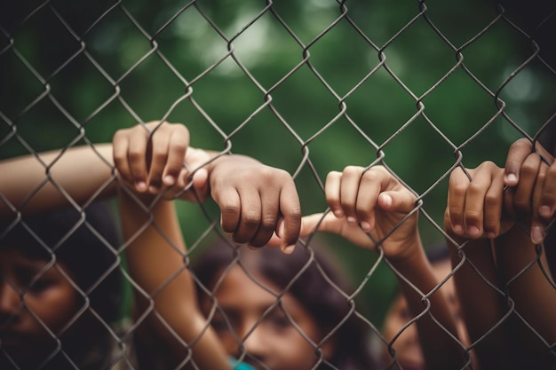 World Refugee Day Hands holding a pink finger on a fence