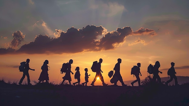 世界難民の日 人々が日没時に物を持って国境を越える
