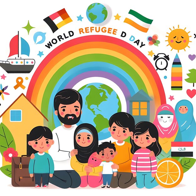 world refugee day a poster of a rainbow with a man and children