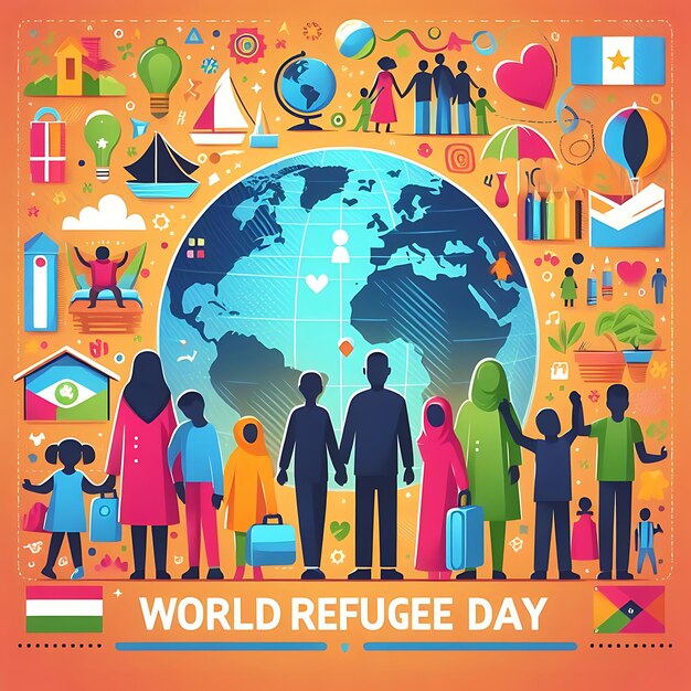 Photo world refugee day a poster for world day celebration with people and flags and people