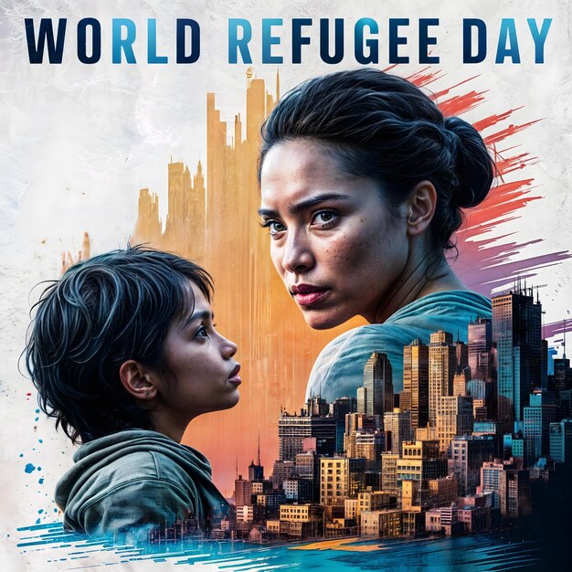 Foto giornata mondiale dei rifugiati con un poster di una donna e di un bambino
