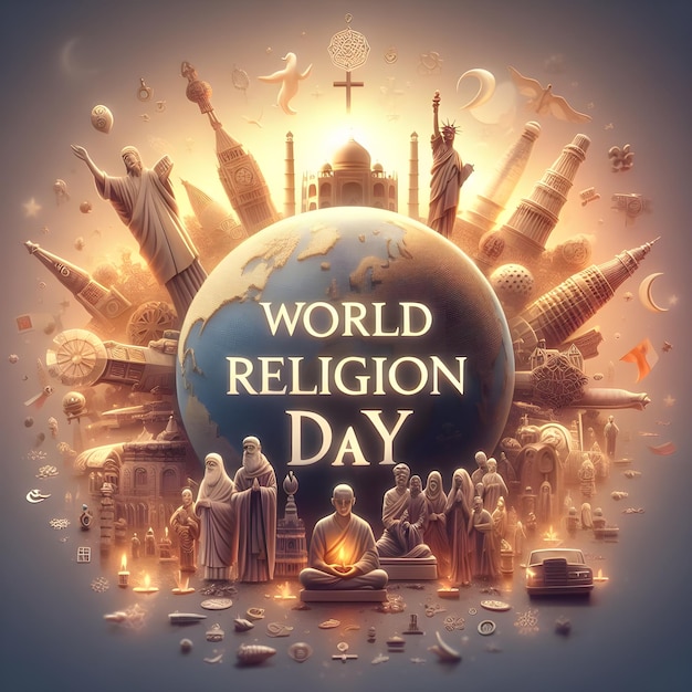 Photo world religion day greetings illustration design world religion day poster with religious symbols