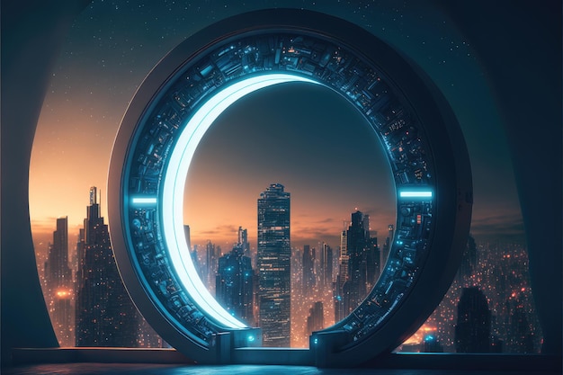 The world revolution of through circle future portal background of skyscraper