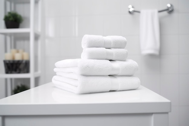 ミニマルな背景に世界で最も柔らかいタオル バスルームの石鹸置きの上に積み上げられた白いタオル AI ジェネレーティブ