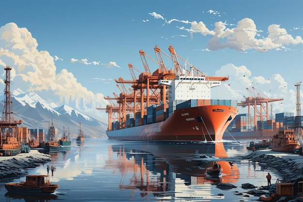 мир морских перевозок Изобразите шумный порт с грузовыми судами разных размеров и типов, загружающими и разгружающими товары кранамиСгенерировано с помощью AI