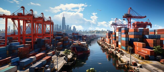 world of shipping transports Depict a bustling port with cargo ships of various sizes and types loading and unloading goods by cranesGenerated with AI