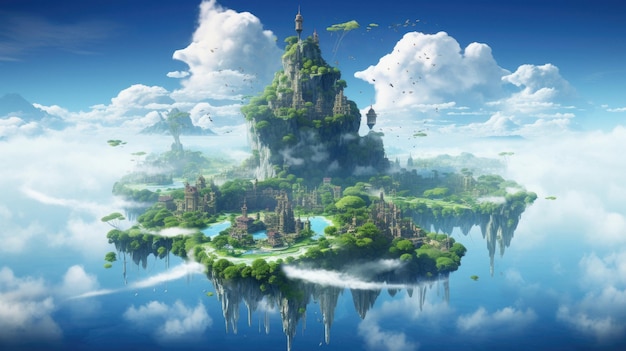 a world in the sky with a floating island in the water.