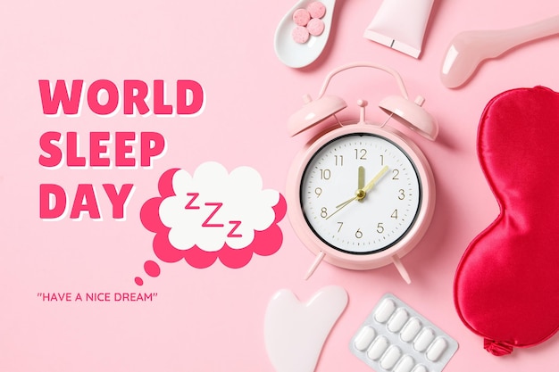 world sleep day attributes of an evening care routine a sleep mask and an alarm clock on a pink background with text top view
