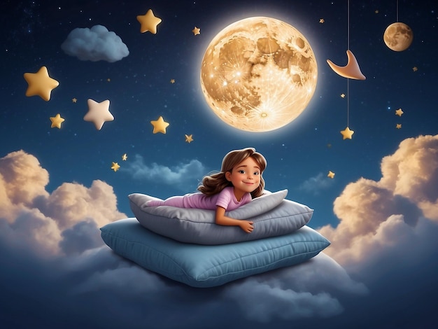 写真 ワールド・スリープ・デーのコンセプト 可愛いティーンエイジャーの少女が 夢の枕で浮かんでいます
