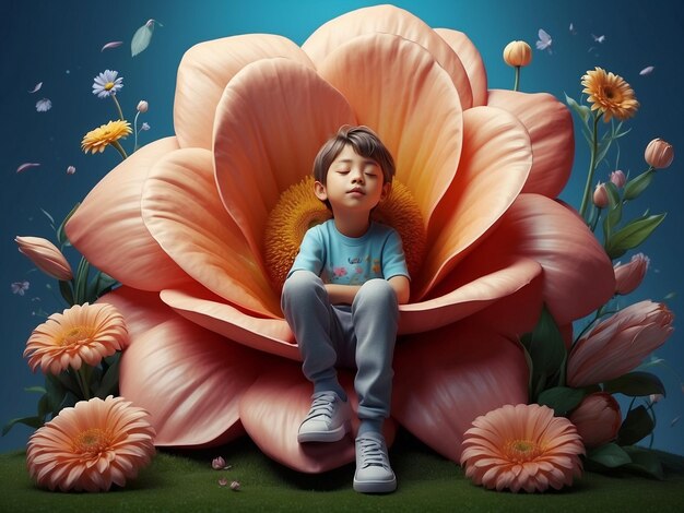 Photo world sleep day concept a cute tween or preteen boy dozing off in a giant flower