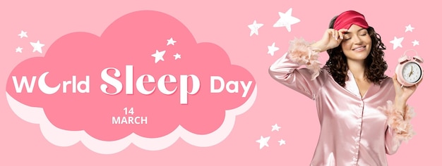 world sleep day happy woman in pajamas with alarm clock in hand on pink background with text
