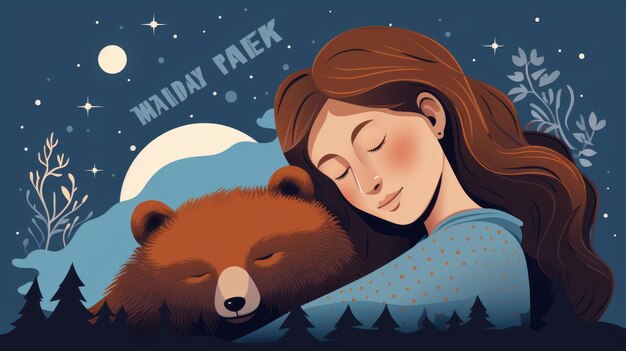 Photo world sleep day illustration with sleeping woman sleeping and bear