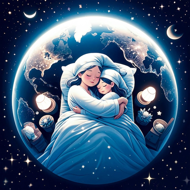 Всемирный день сна Моом и ее дочь обнимаются и спят на земле.
