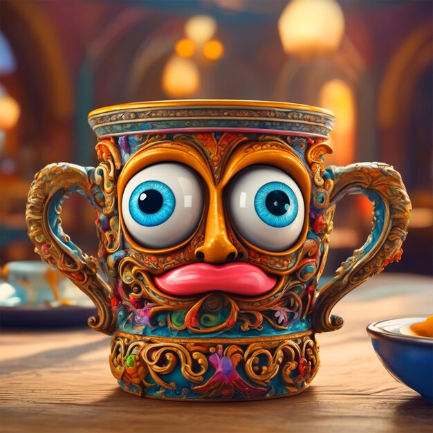 World Smile Day Epic Art Of An Ornate Mug With Eye And Mouth Silly Face Colorful Classic Dining Room