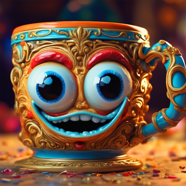 World Smile Day Epic Art Of An Ornate Mug With Eye And Mouth Silly Face Colorful Classic Dining Room