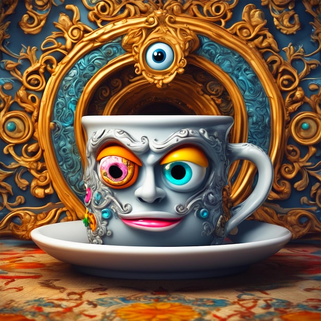 World Smile Day Epic Art Of An Ornate Mug With Eye And Mouth Silly Face Colorful Classic Dining Room