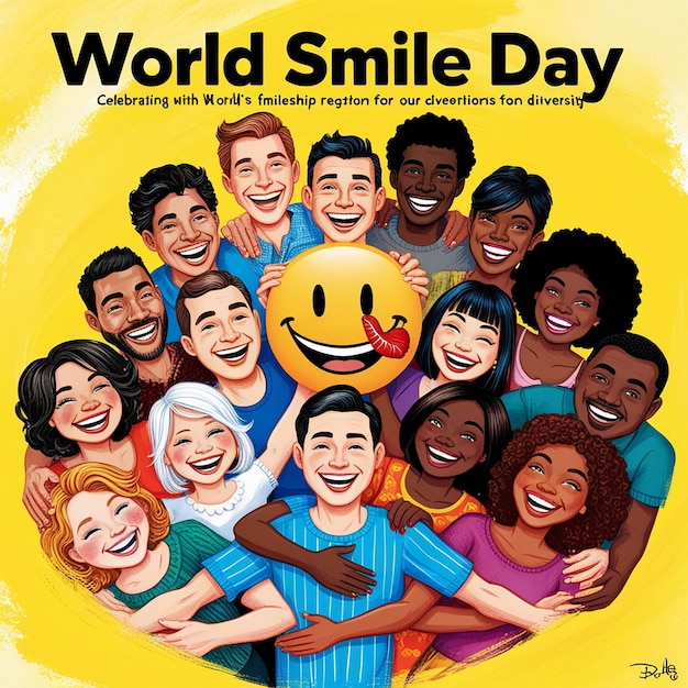 world smile day lettering on sticker on yellow background