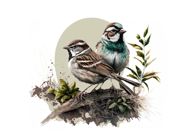 World Sparrow day Two Sparrow on nature background AI illustration