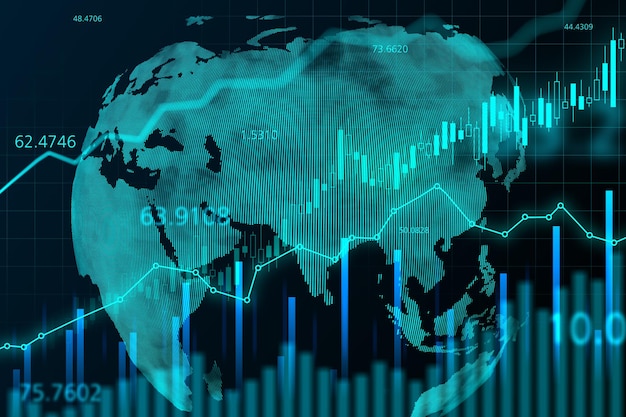 World stock market concept with digital screen world map scheme and growing forex candles and graphs 3D rendering