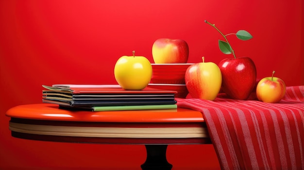 World Teachers Day image with apples books and pencils on table and red background