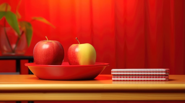 World Teachers Day image with apples books and pencils on table and red background