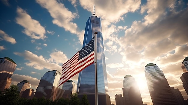 World Trade Center met Amerikaanse vlag in de lucht