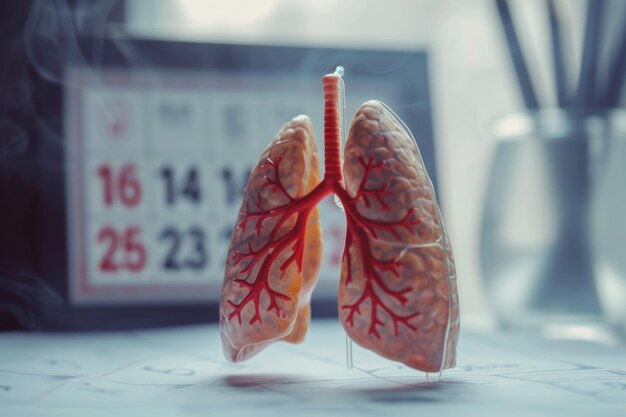 Foto concetto della giornata mondiale della tubercolosi con modello di organo polmonare e calendario con data 24 marzo