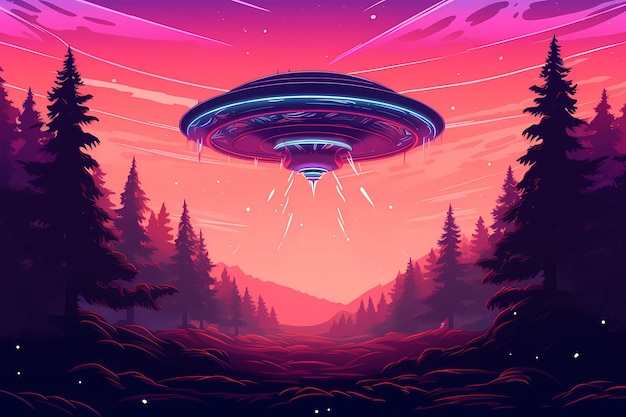 World UFO Day A cartoon illustration of a ufo flying over a forest