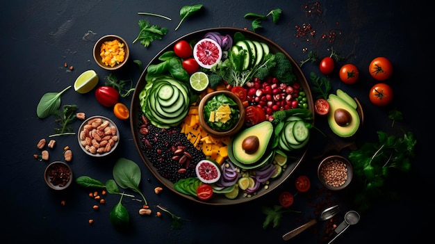 세계 채식주의의 날 포스터와 다채로운 과일과 야채가 포함된 벽지