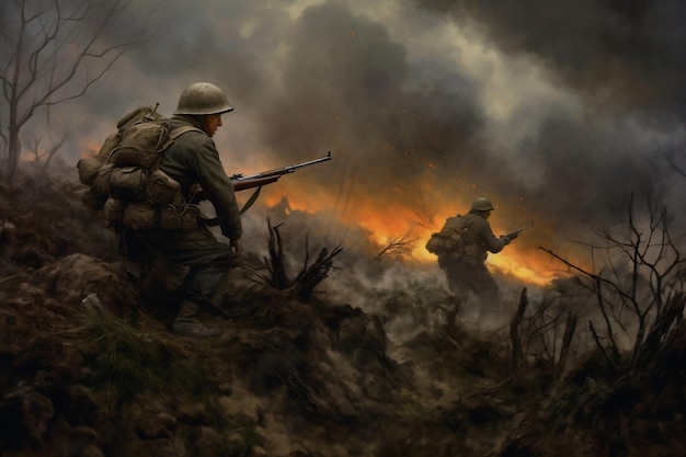 World War II Battlefield Courageous Soldiers in Action Generative AI