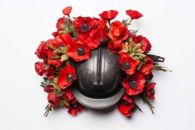 A world war military helmet with red poppies remembrance and armistice day symbol