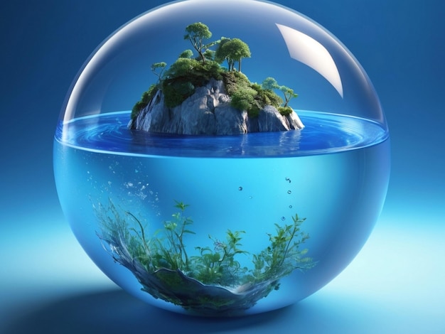 A world water day assortment of a glass globe with a blue background green grass ice and water