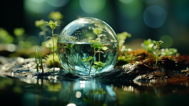 World water day concept design with glass globe saving water and plants AI Generated Image