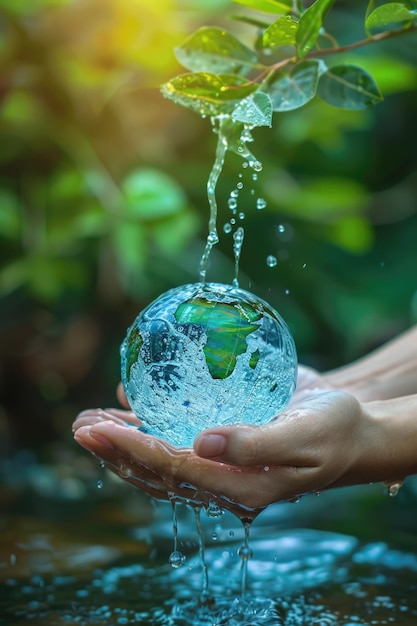 world water day Hands holding clean water drop in shape of planet Earth ai generated