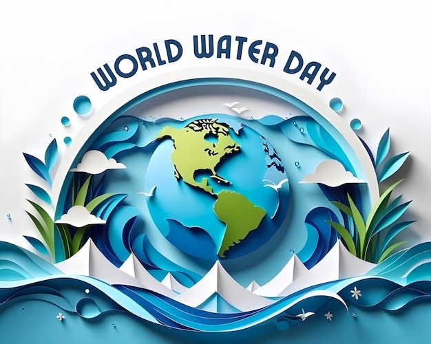 Дизайн иллюстрации на бумаге Всемирного дня воды с земным глобусом вместе с водными волнами