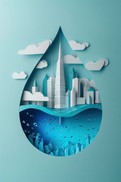 Foto giornata mondiale dell'acqua risparmia l'acqua con una città all'interno di una goccia d'acqua una fusione di illustrazione su carta e arte 3d