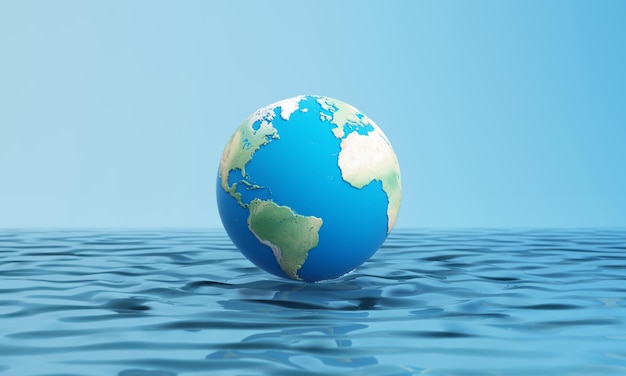 世界水の節約水質キャンペーンと環境保護コンセプト グローブ 青い緑色の世界地図 水の上に浮かぶ球体 青色の隔離された背景 3Dレンダリングイラスト