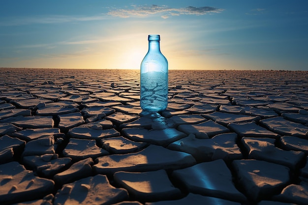 Photo world water day water bottle on a cracked ground with sun behind photo