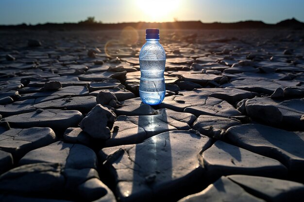 world water day water bottle on a cracked ground with sun behind photo