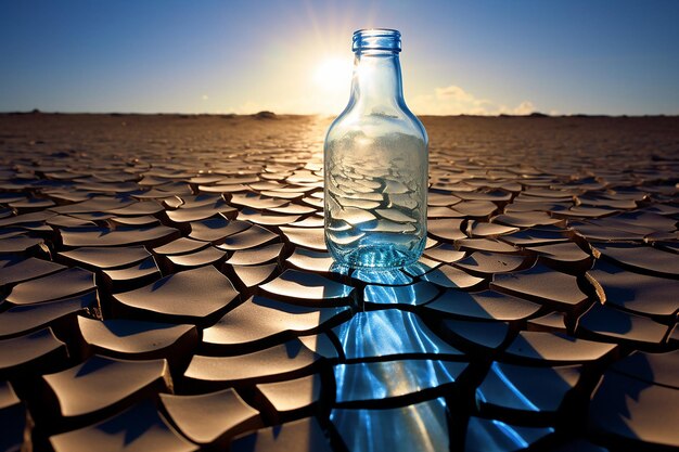 world water day water bottle on a cracked ground with sun behind photo